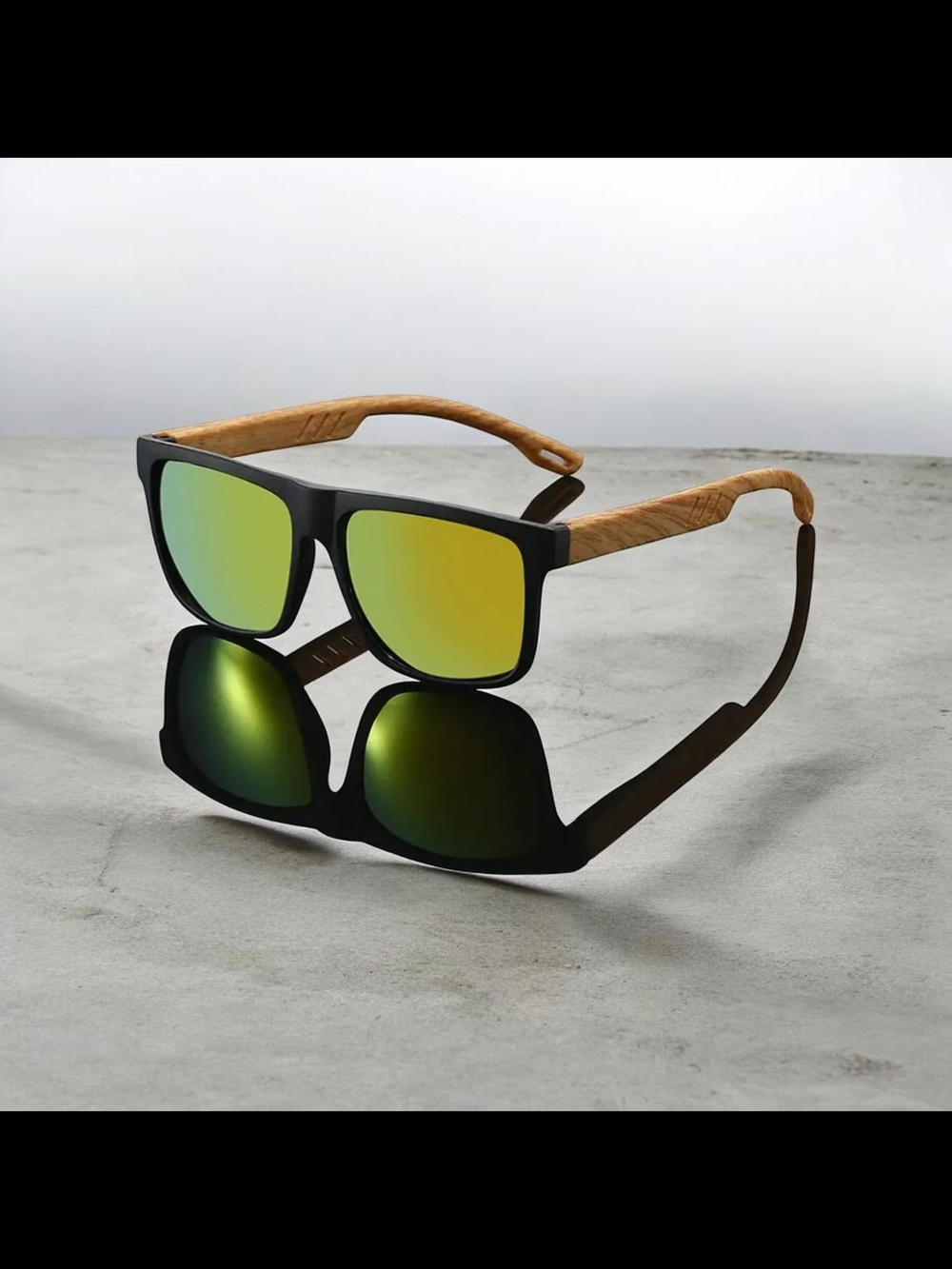 Reptile!!Men's Black and Wood Sunglasses with Green Mirrored Lenses